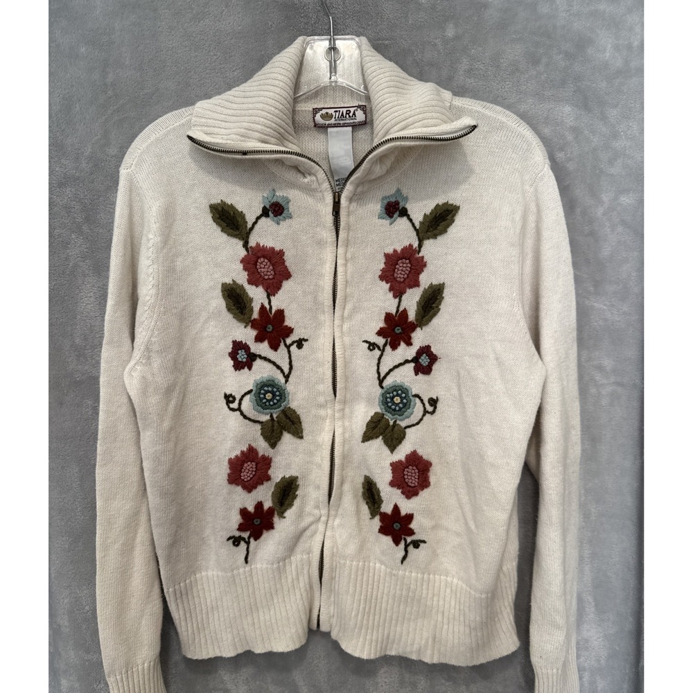 VTG Tiara Embroidered Floral Cardigan Full Zip Sweater M Ramie Cotton 2003